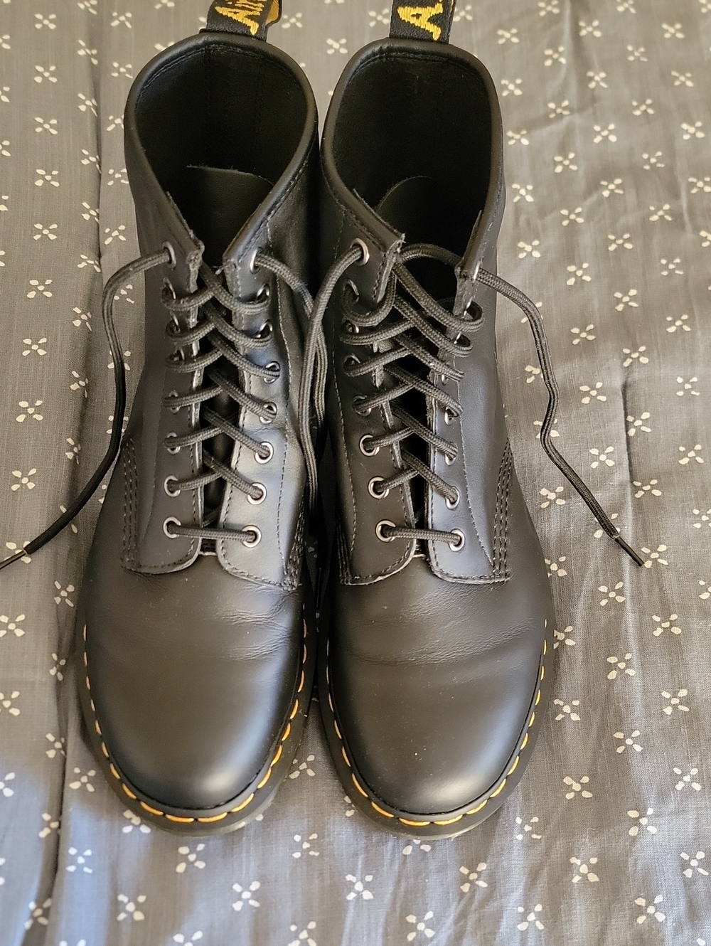 Dr. Martens Black Leather 8-Eye Lace-Up Boots with Yellow Stitching Trim